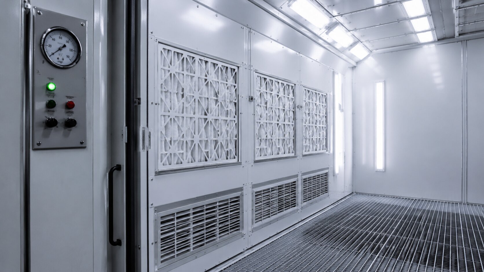 Enclosed automotive paint booth with ventilation filters and airflow gauge