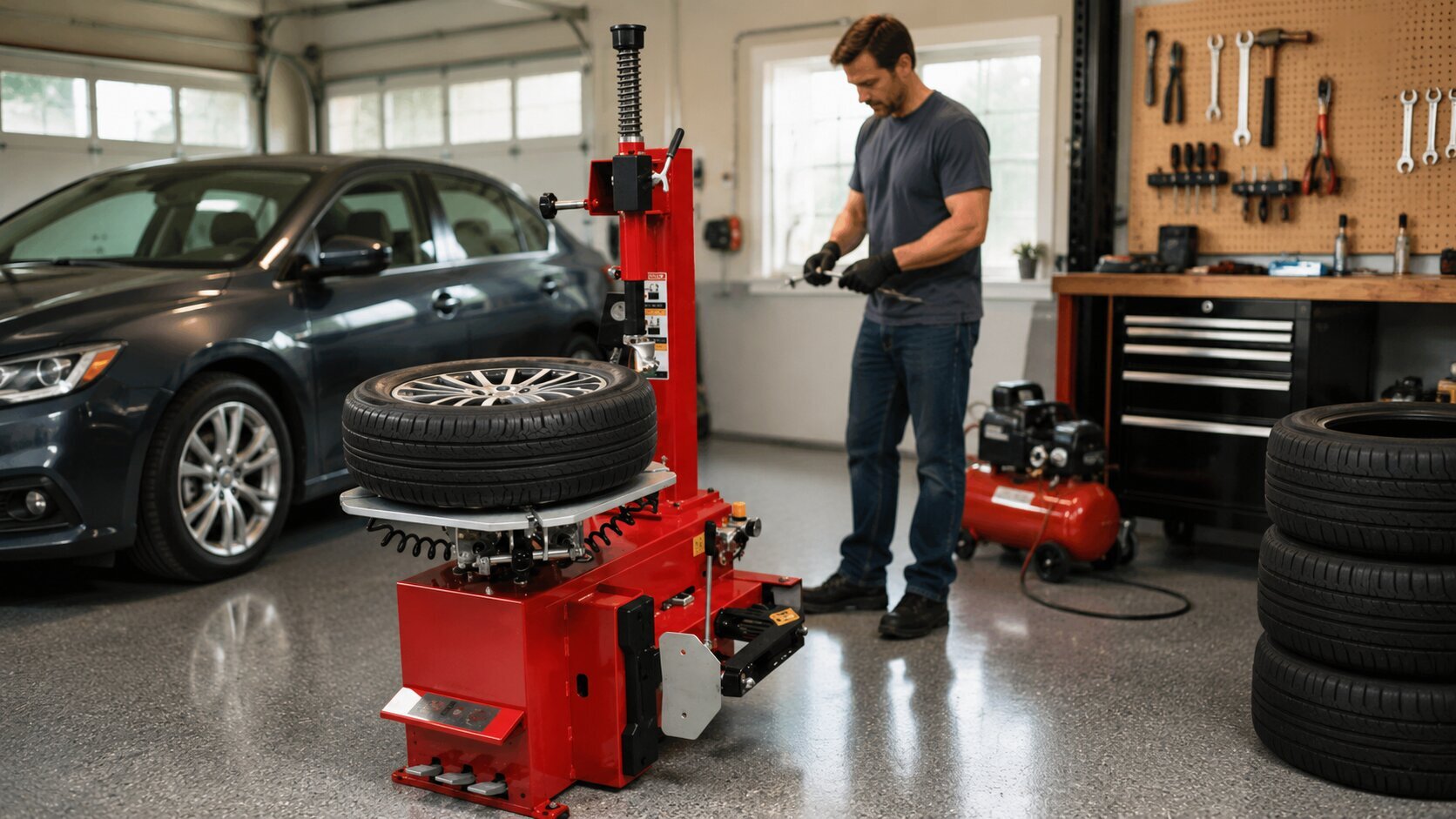 Home mechanic preparing to use a tire changer with an alloy wheel in a residential garage.