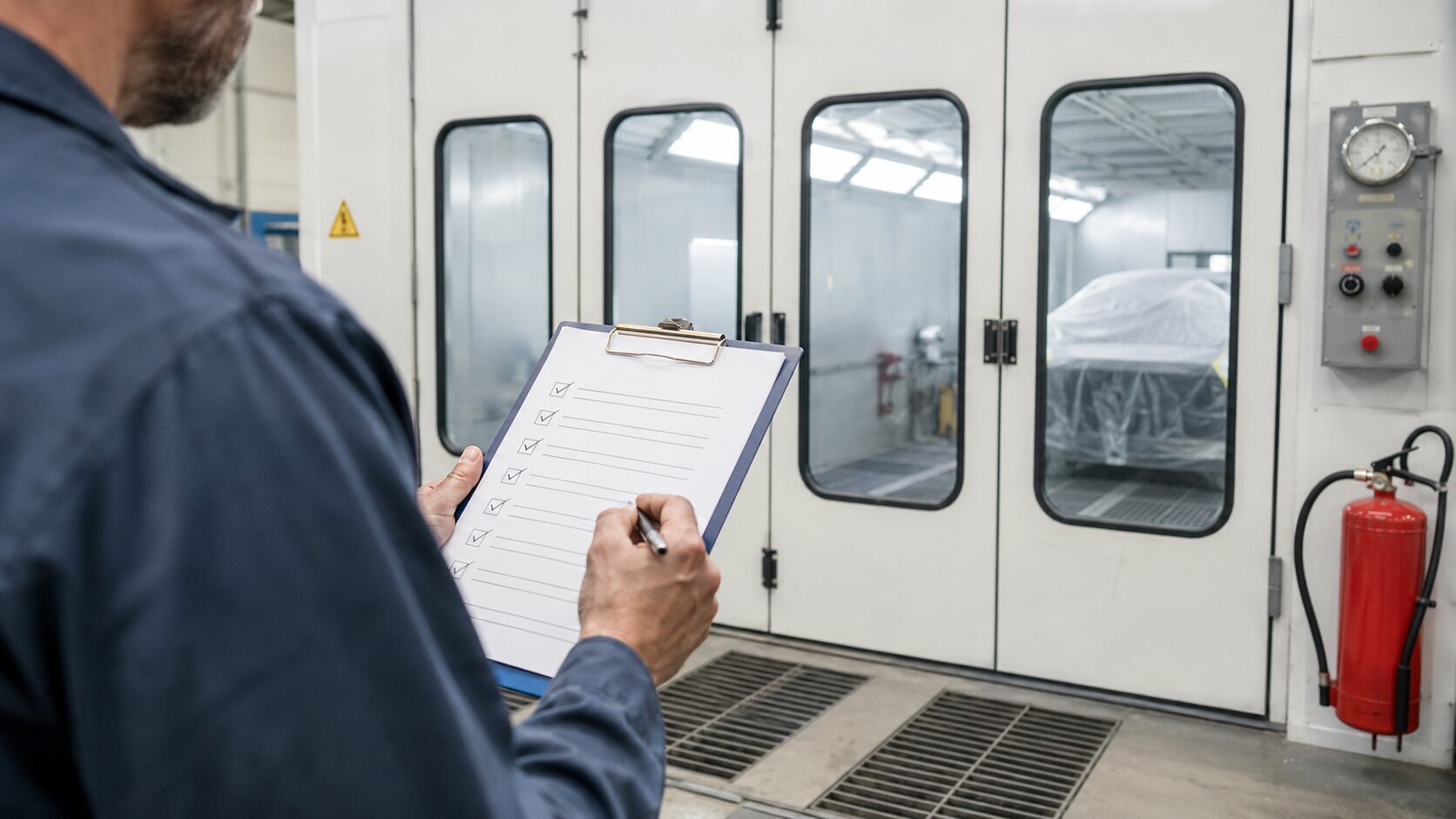 Inspector reviewing a paint booth compliance checklist beside a professional spray booth.