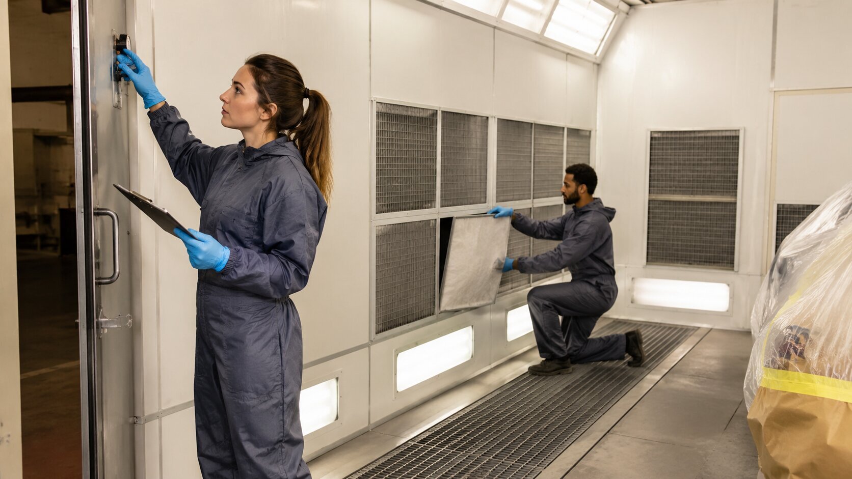 Technicians inspecting an automotive paint booth, with one checking a wall-mounted control and another replacing a filter panel.
